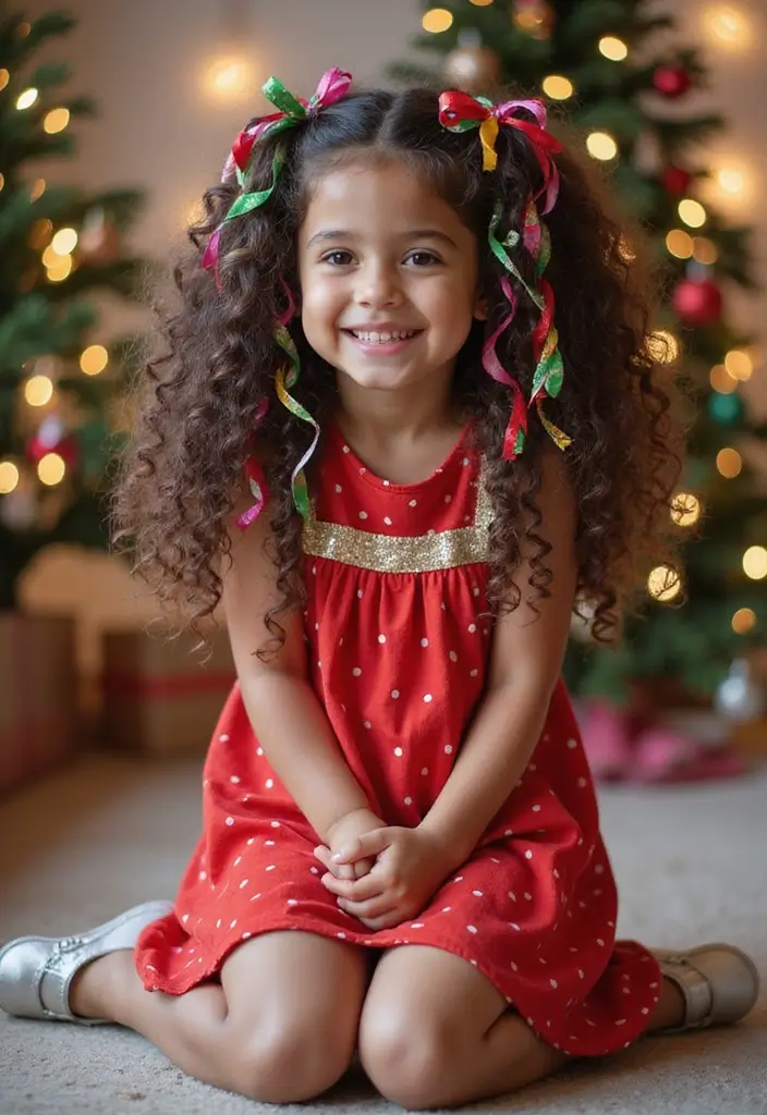 30 Curly Hair Christmas Hairstyles to Celebrate in Style - 8. Curly Hair with Ribbons