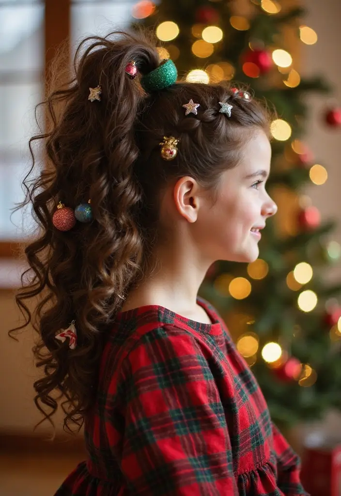 30 Curly Hair Christmas Hairstyles to Celebrate in Style - 9. Curly Ponytail with Christmas Ornaments