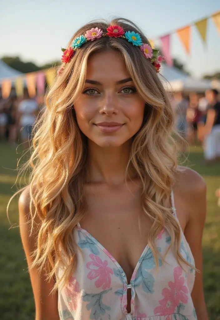 30 Effortless Hairstyles Down for Festivals - 12. Soft Waves with Hair Accessories