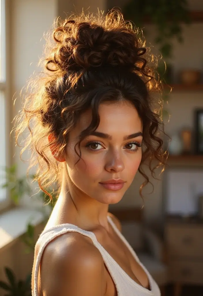 30 Hair Styles Curly Hairstyles That Shine - 18. Messy Curly Bun
