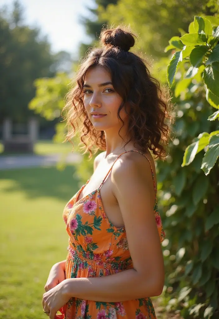 30 Hair Styles Curly Hairstyles That Shine - 2. Half-Up Curly Top Knot