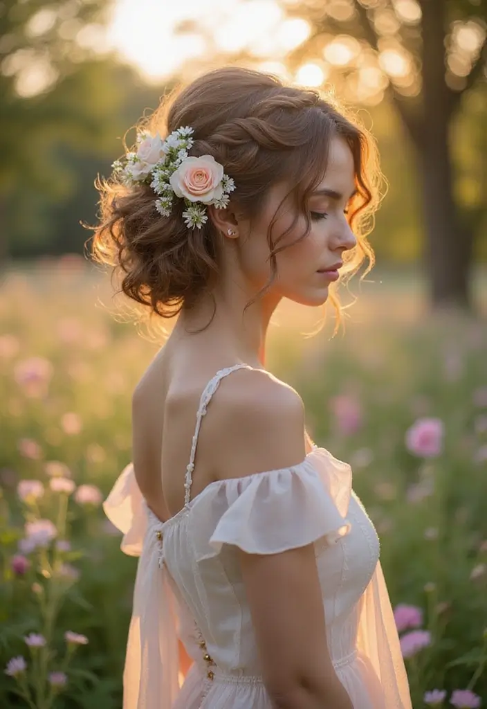 30 Hair Styles Curly Hairstyles That Shine - 30. Curly Romantic Updo with Flowers