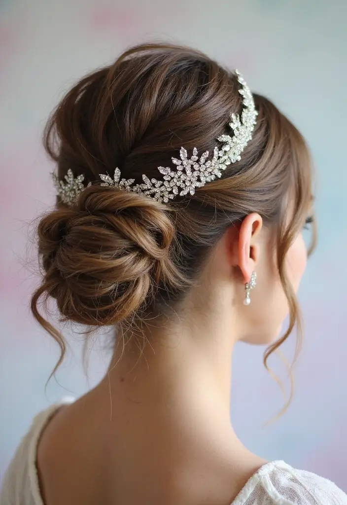 30 Hair Styles for Prom That Will Impress - 3. Messy Bun with Sparkly Crown