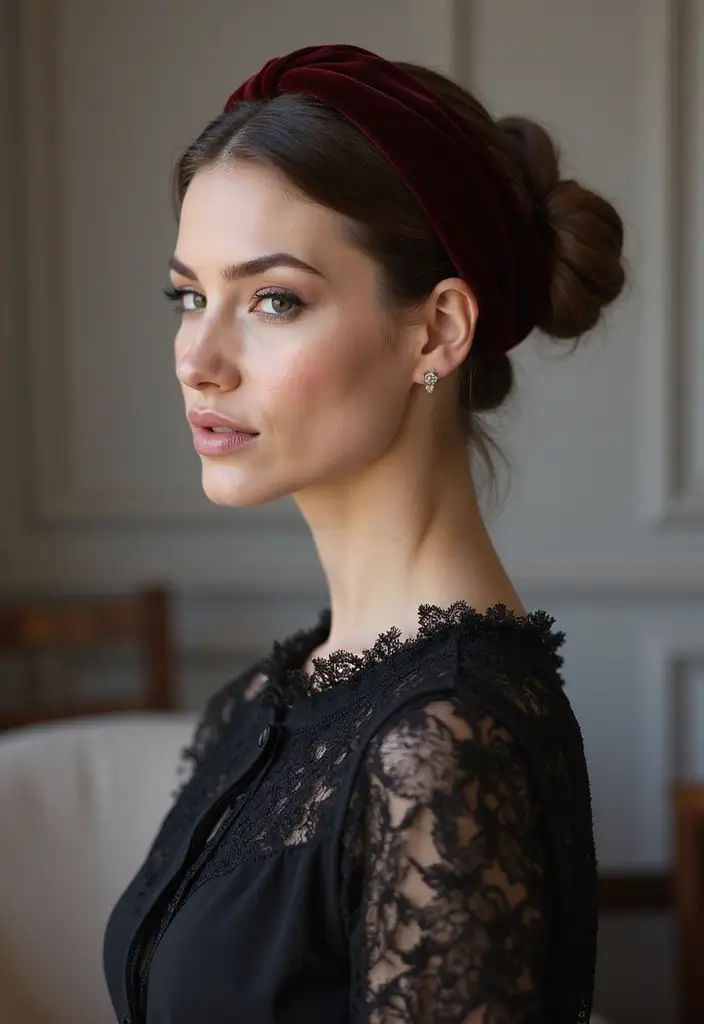30 Hair Styles with Headbands That Add Flair - 13. Elegant Chignon with a Velvet Headband