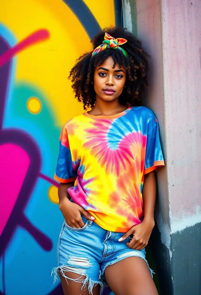 30 Hair Styles with Headbands That Add Flair - 26. Fun and Funky Curls with a Tie-Dye Headband