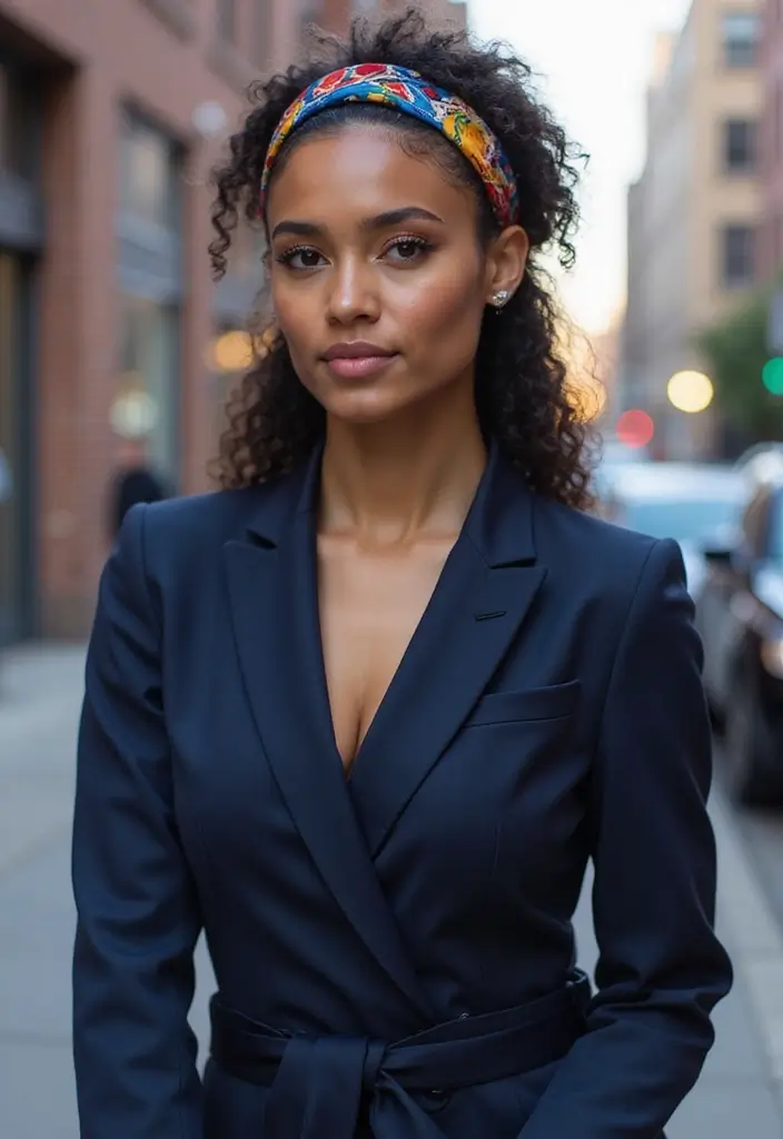 30 Hair Styles with Headbands That Add Flair - 6. Sleek Low Ponytail with a Printed Headband