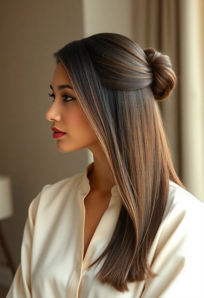 30 Hairstyles with Straight Hair That Are Trending Now - 24. Straight Hair with a Small Bun