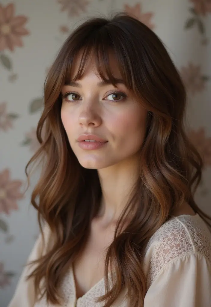 30 Layered Haircuts for Medium Length Hair with Bangs - 1. Soft Layered Waves with Curtain Bangs