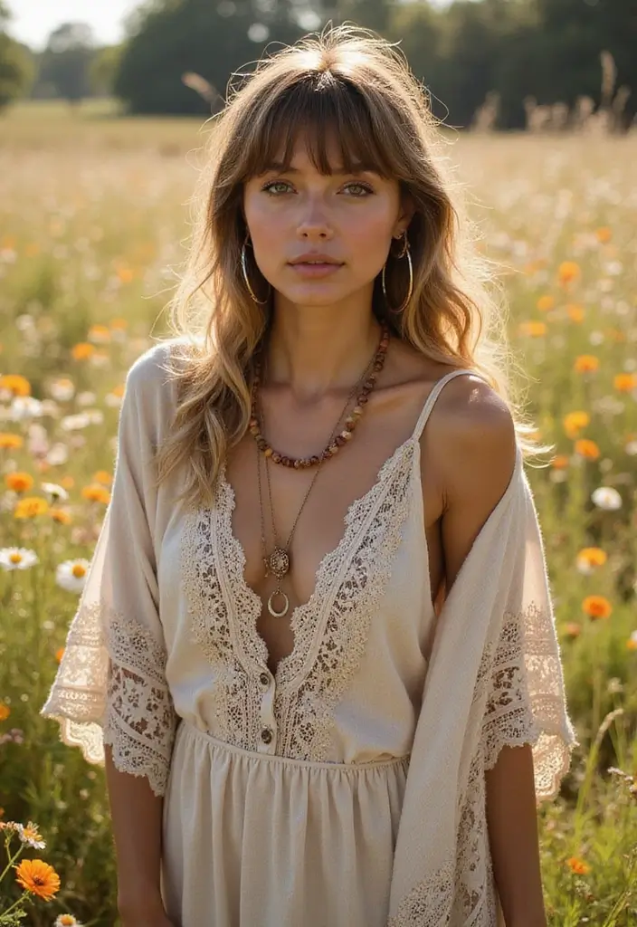 30 Layered Haircuts for Medium Length Hair with Bangs - 4. Bohemian Layers with Baby Bangs