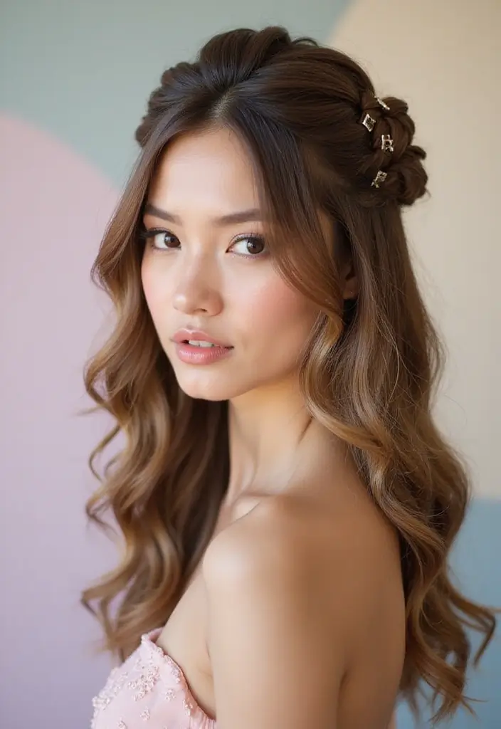 30 Medium Haircuts for Wavy Hair That Are Easy - 25. Wavy Half Updo