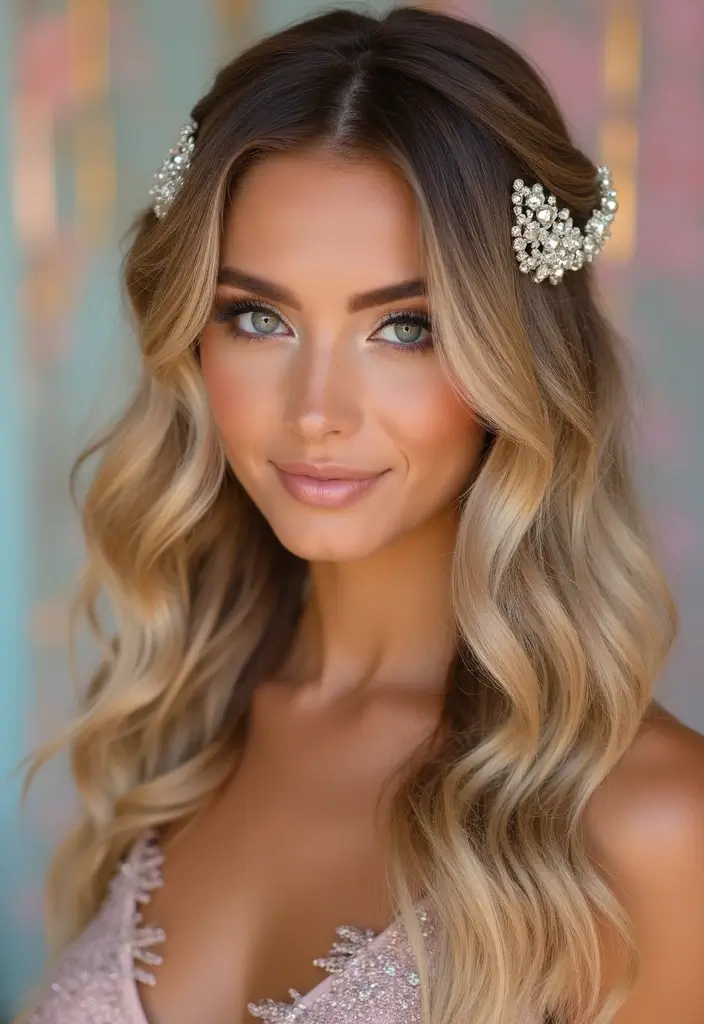 30 Stunning Hairstyles Prom Looks for Your Special Night - 10. Textured Waves with Hair Accessories