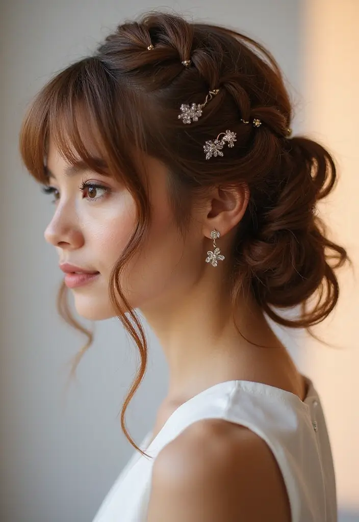 30 Trendy Hairstyles for Short Hair You’ll Love - 27. Elegant Updo with Bangs