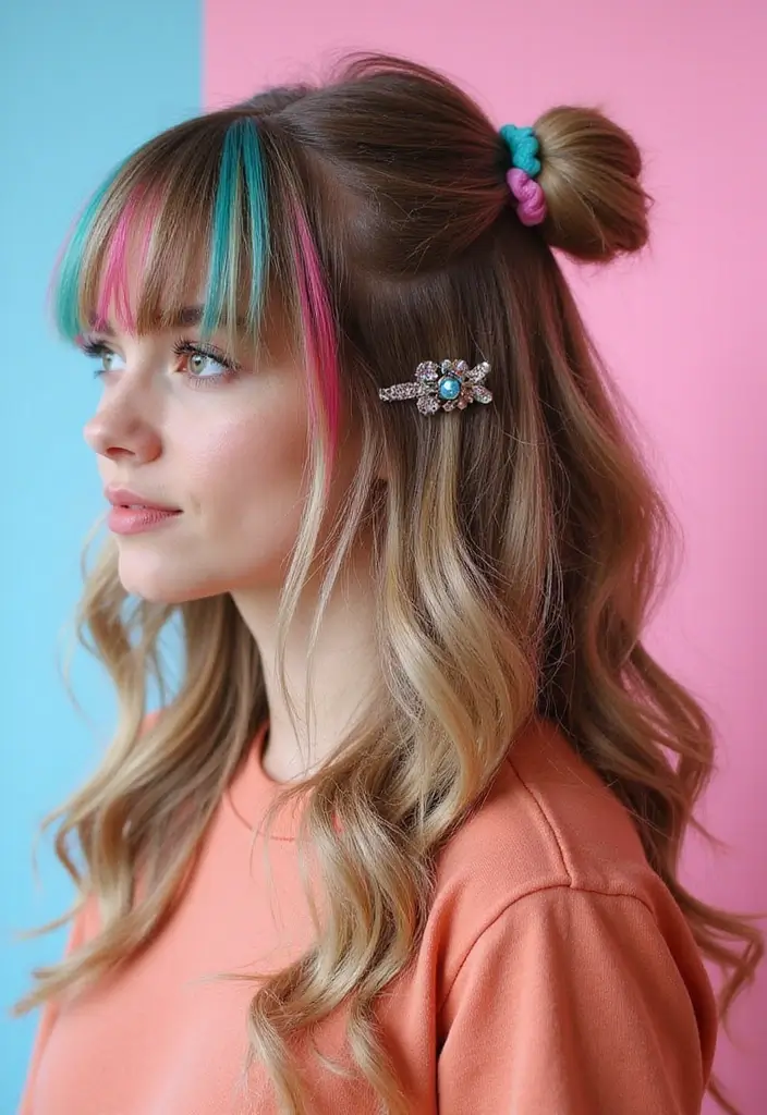 30 Trendy Hairstyles for Short Hair You’ll Love - 28. Funky Half-Up Half-Down with Bangs
