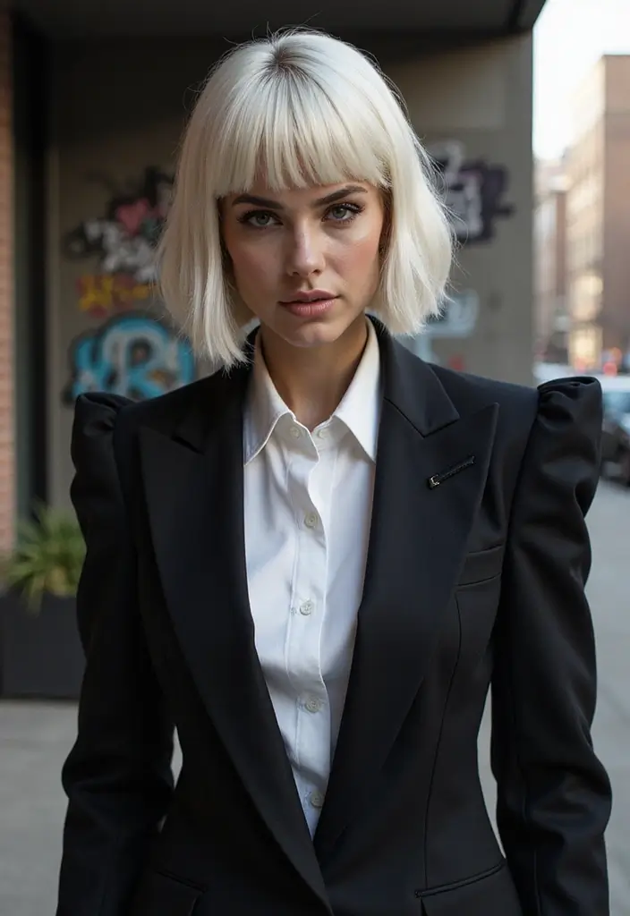 31 Blonde Bob with Bangs That Are Trendy - 13. Platinum Blonde Bob with Heavy Bangs