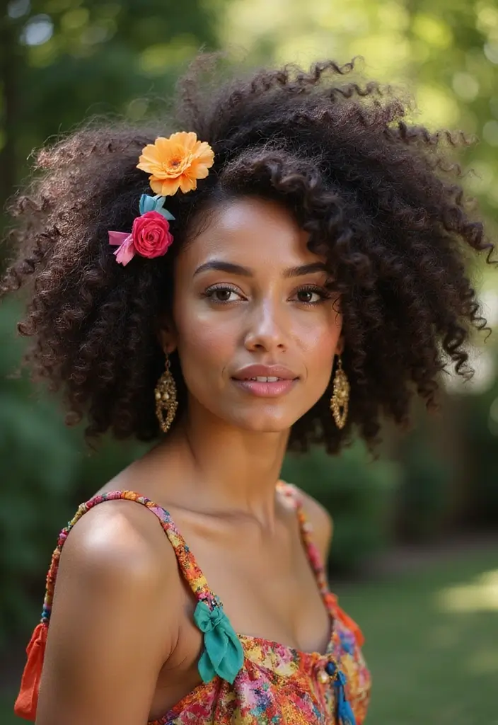 31 Haircut Thick Hair Styles to Manage Volume - 30. Curls with Hair Accessories