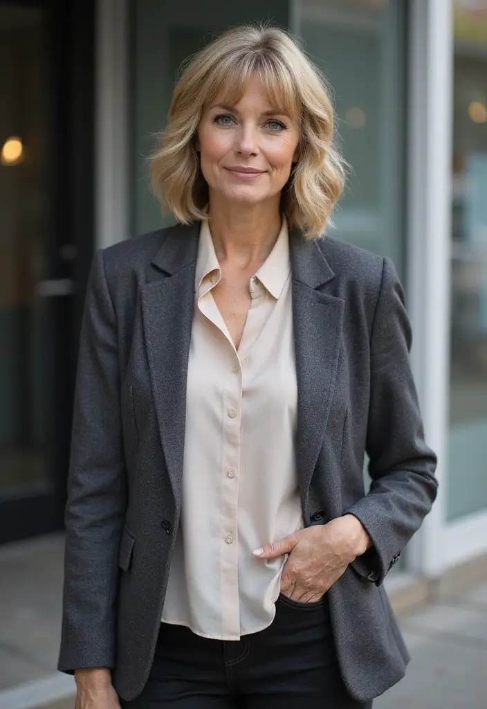 31 Medium Length Gray Hairstyles to Try Now - 29. Layered Bangs