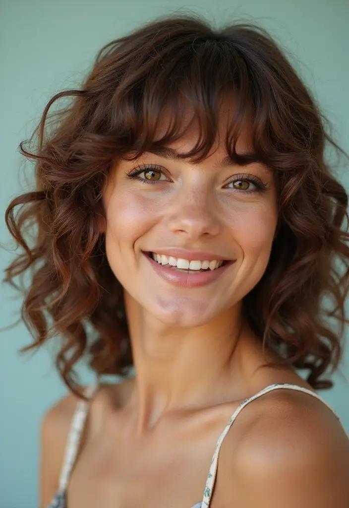 31 Mid Length Haircut Styles You’ll Want to Try - 13. Curly Bangs with Shoulder Length Hair