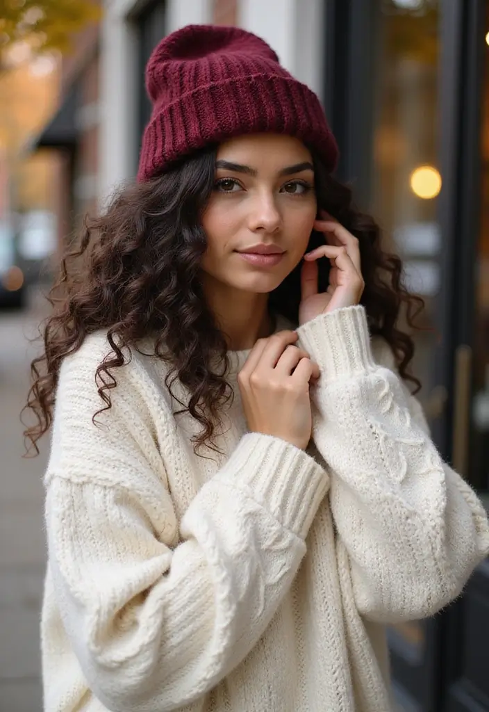 31 Mid Length Haircut Styles You’ll Want to Try - 25. Curly Hair with a Beanie