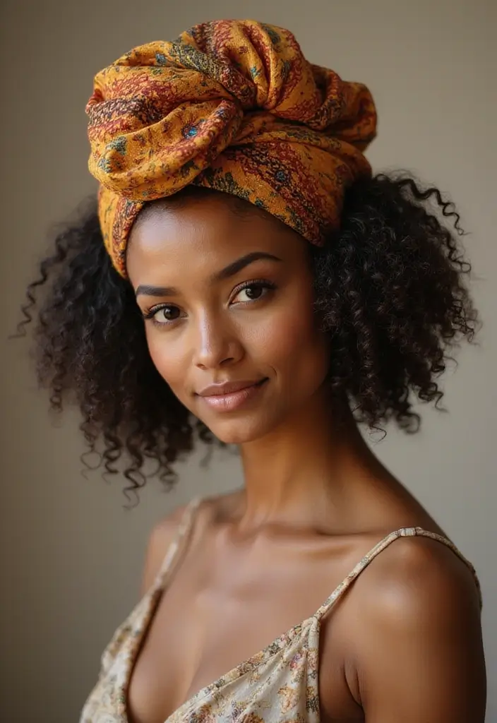 31 Mid Length Haircut Styles You’ll Want to Try - 29. Curly Hair with a Headwrap