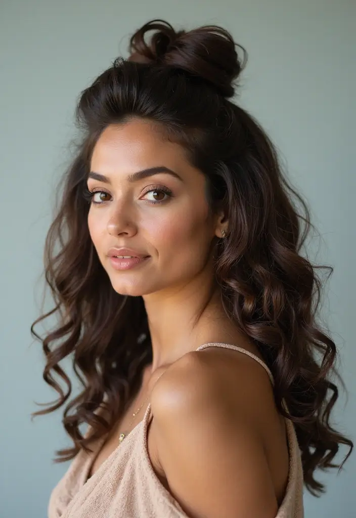 31 Mid Length Haircut Styles You’ll Want to Try - 7. Curly Half-Up, Half-Down