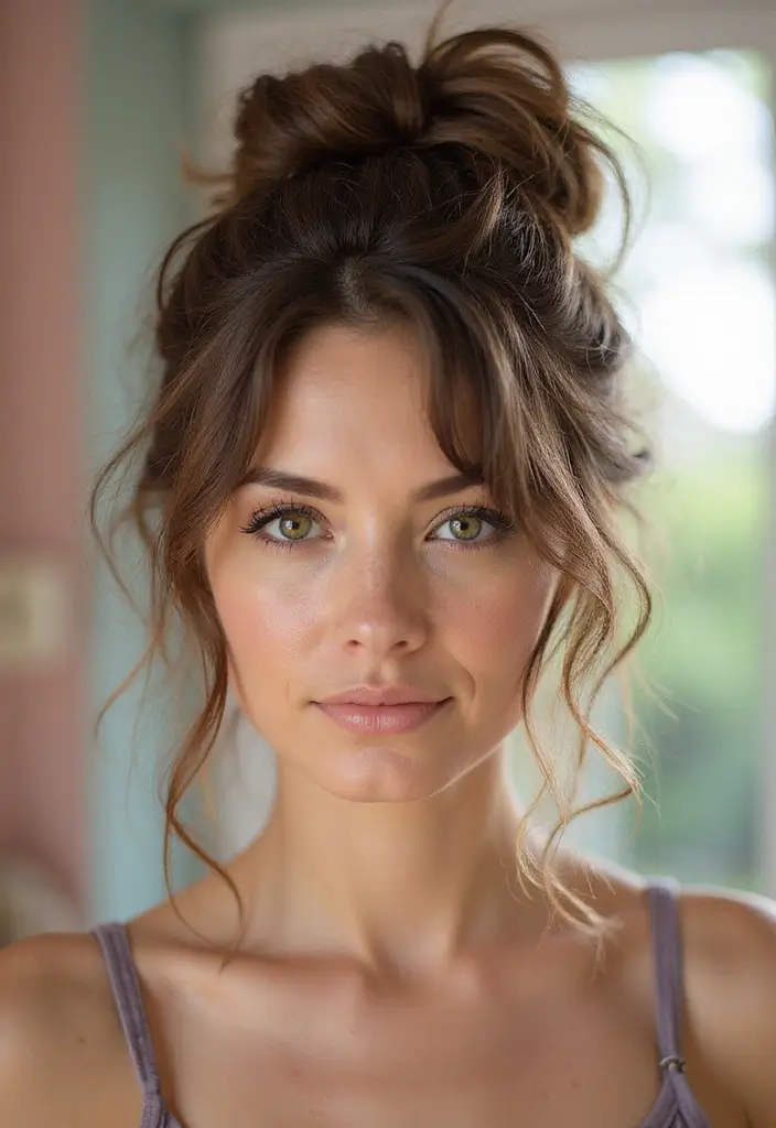 33 Hair Styles Long Hair Looks That Impress - 5. Messy Bun with Flowing Strands