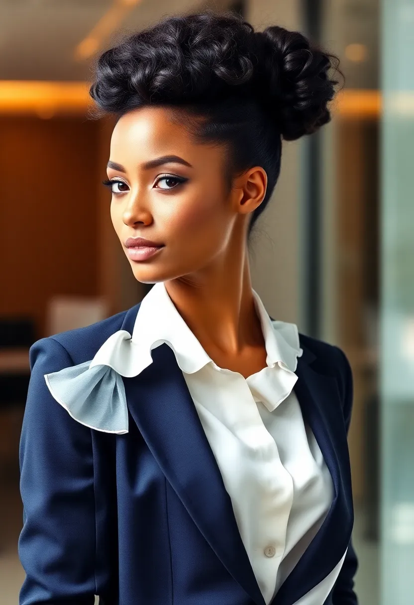 33 Haircuts for Round Face That Flatter Your Features - 23. Curly High Bun