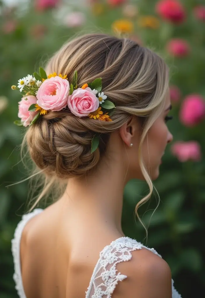 33 Hairstyles for Thin Hair Fine That Add Texture - 30. Floral Braided Bun