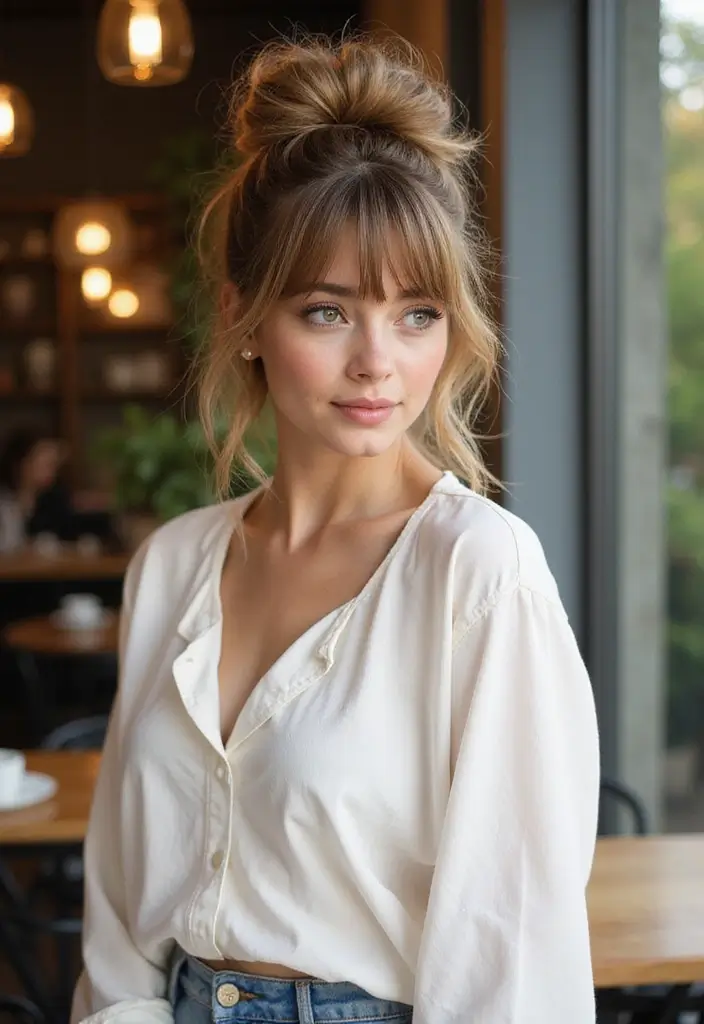 33 Layered Haircuts with Bangs That Are Trending - 25. The Layered Messy Bun