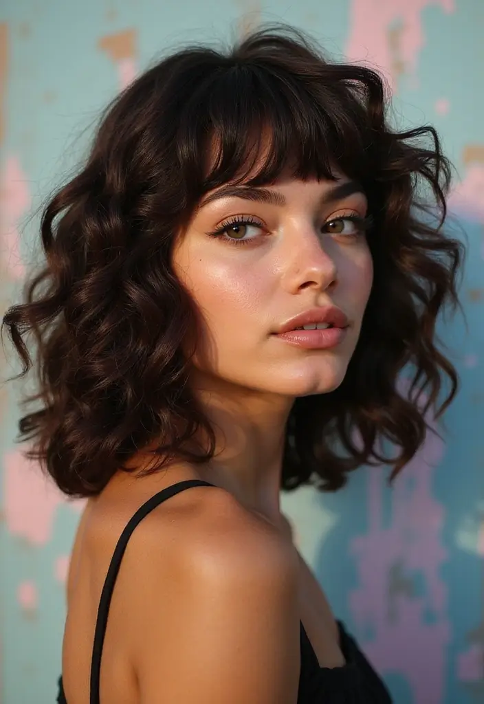33 Medium Length Hairstyles for Curly Hair That Shine - 8. Curly Bangs