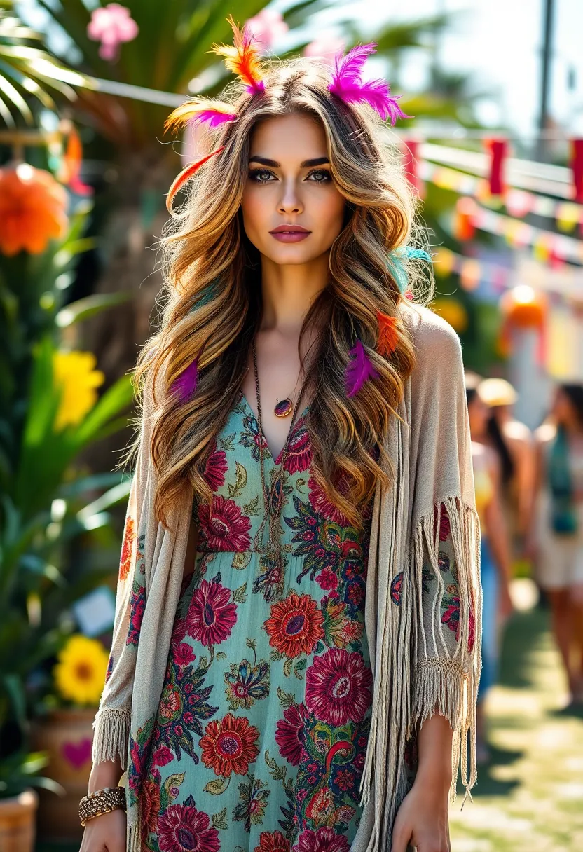 33 Stylish Hairstyles for Medium Length Hair: Bohemian Inspirations - 23. Layered Waves with Feathers
