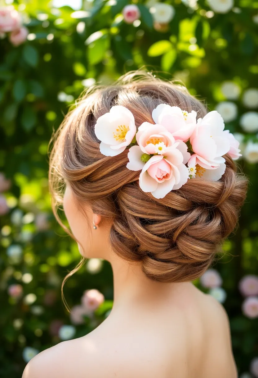34 Bouncy Hairstyles for Curly Hair That Shine - 25. Curly Updo with Flowers