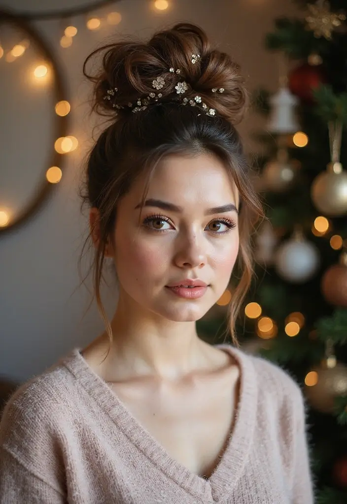 35 Christmas Eve Hairstyles That Impress Everyone - 10. Messy Bun with Sparkles