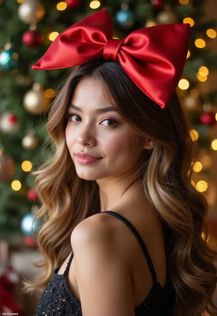 35 Christmas Eve Hairstyles That Impress Everyone - 11. Holiday Hair Bow