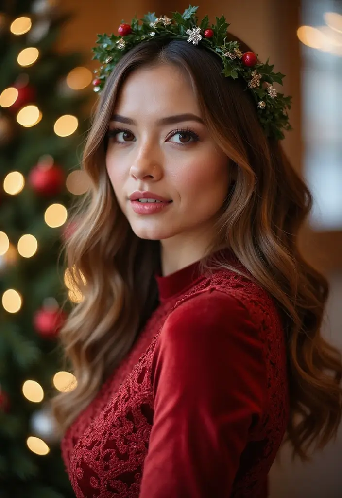 35 Christmas Eve Hairstyles That Impress Everyone - 15. Wavy Lob with Holiday Accessories
