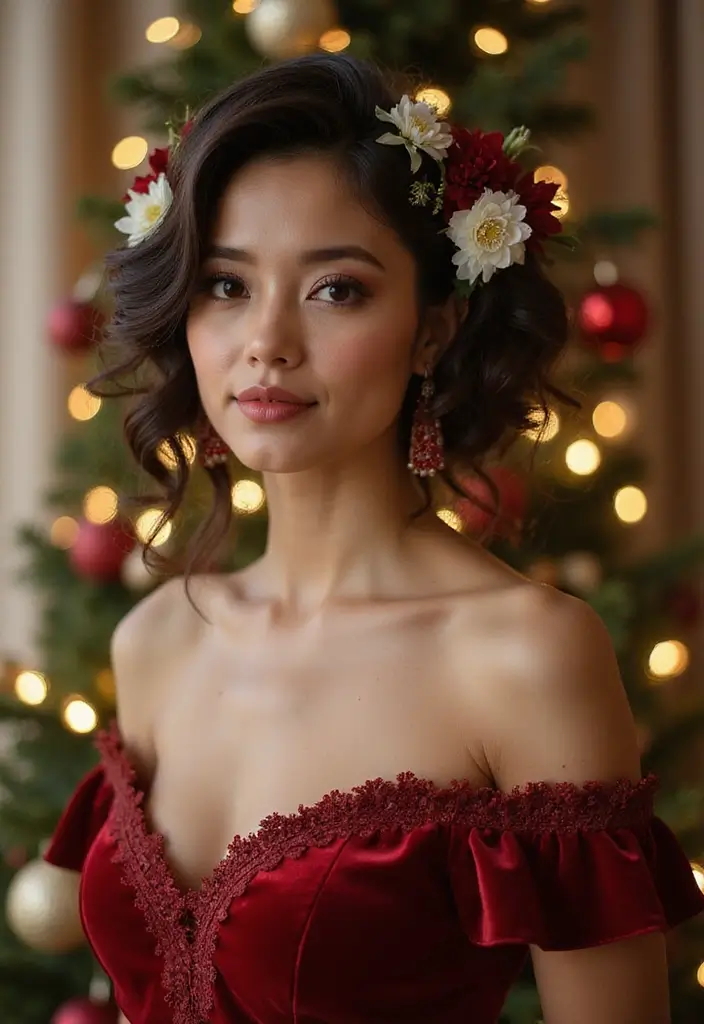 35 Christmas Eve Hairstyles That Impress Everyone - 28. Holiday Curly Updo with Flowers