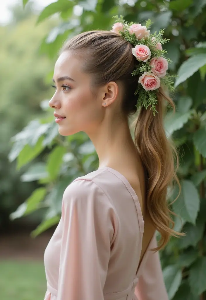 35 Classic and Modern Hairstyles Ponytail Styles for Elegant Occasions - 21. Ponytail with Floral Accessories