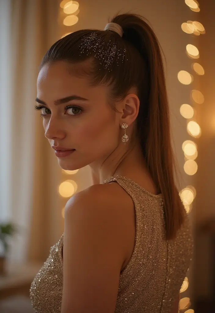35 Classic and Modern Hairstyles Ponytail Styles for Elegant Occasions - 31. Ponytail with Glitter
