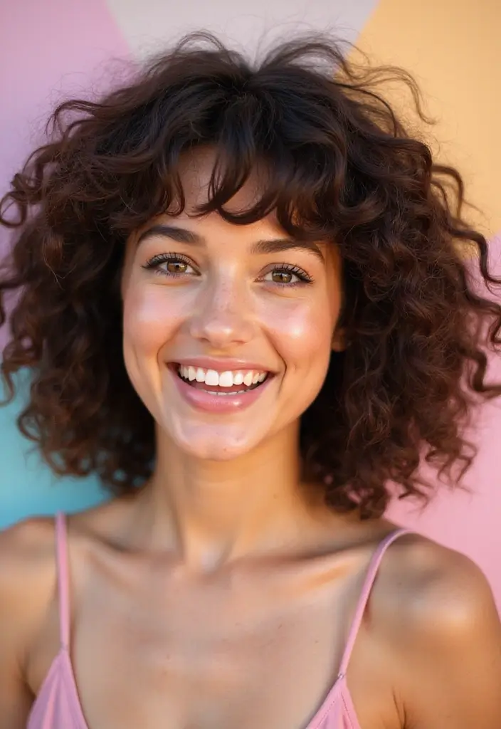 35 Eco-Friendly Hairstyles for Medium Length Curly Hair to Try - 31. Curly Hair with Floating Bangs