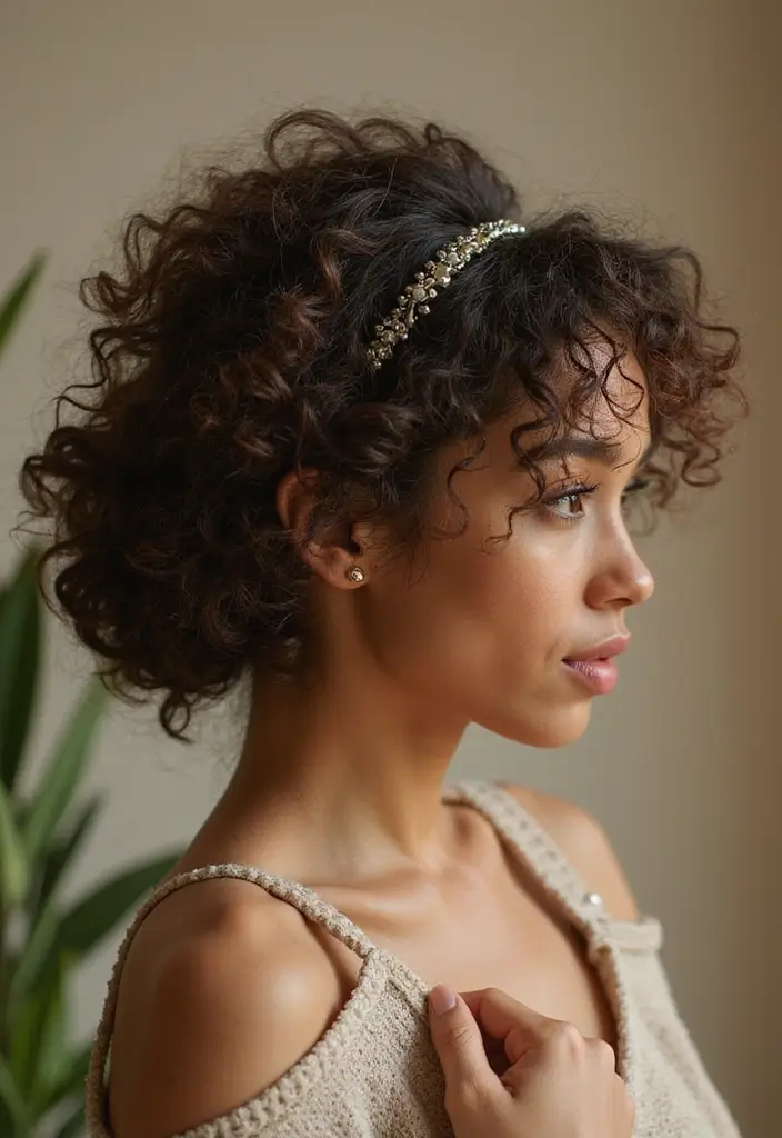 35 Eco-Friendly Hairstyles for Medium Length Curly Hair to Try - 9. Curly Low Bun with Accents