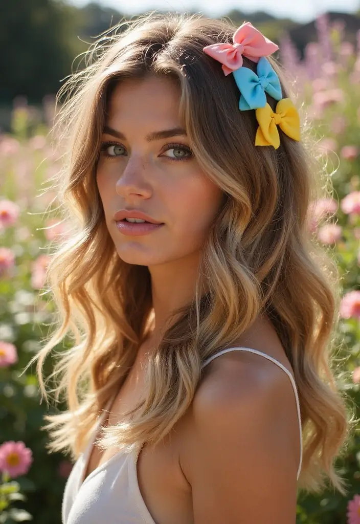 35 Hair Styles with Bow Accents to Try - 16. Colorful Ribbon Bows on Loose Waves