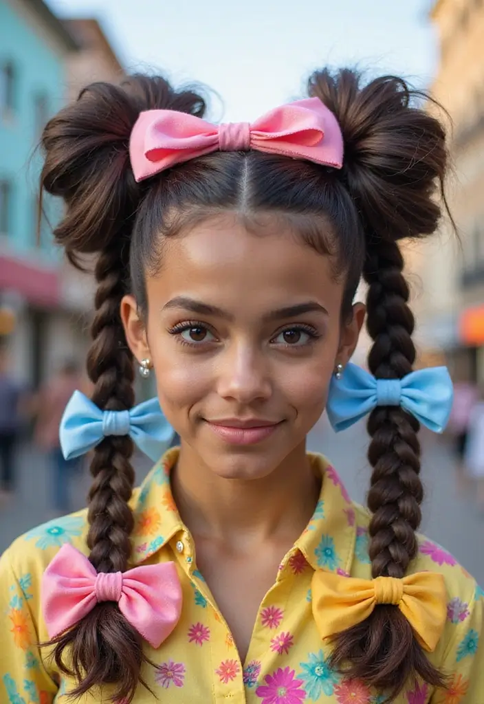 35 Hair Styles with Bow Accents to Try - 18. Funky Bows with Stacked Pigtails