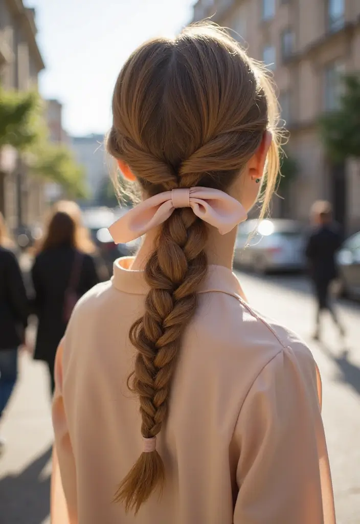 35 Hair Styles with Bow Accents to Try - 21. Classic Fishtail Braid with Bow