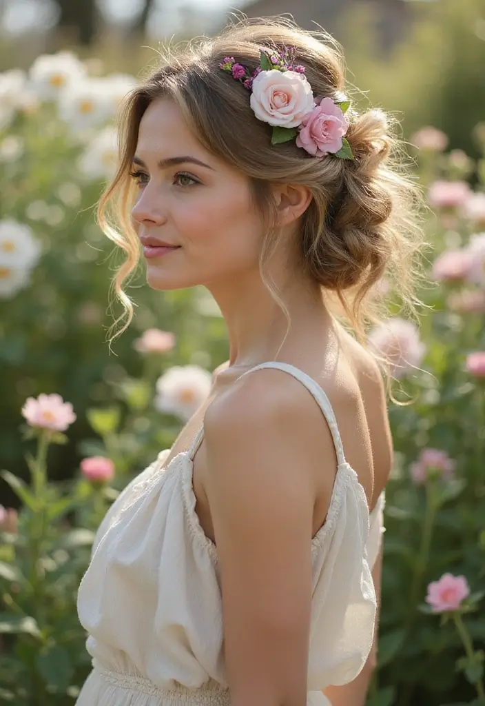 35 Hair Styles with Bow Accents to Try - 27. Floral Bow with Loose Updo