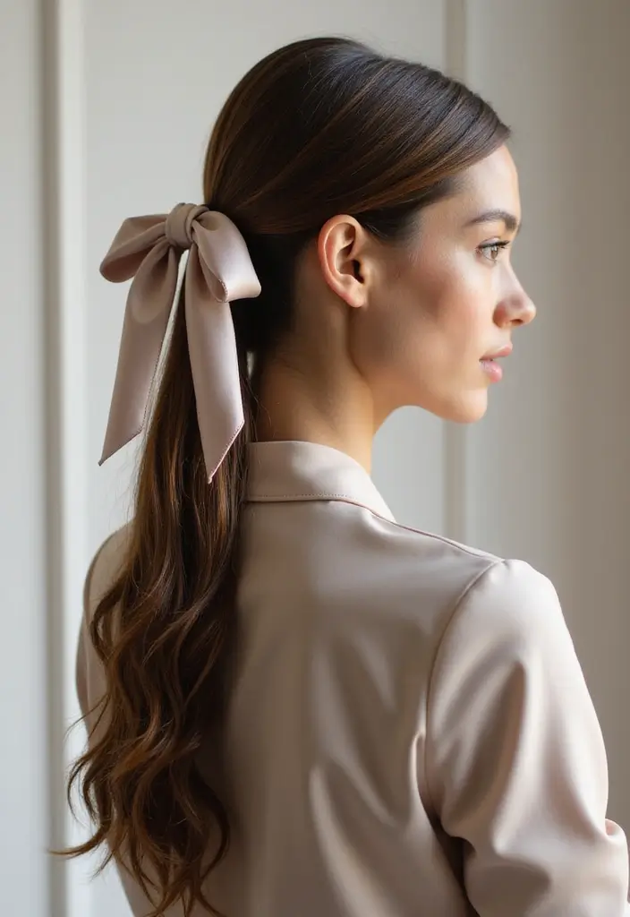 35 Hair Styles with Bow Accents to Try - 28. Sleek High Ponytail with Bow