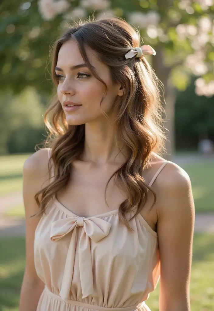 35 Hair Styles with Bow Accents to Try - 29. Layered Waves with Bow