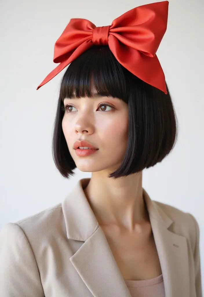 35 Hair Styles with Bow Accents to Try - 32. Bold Bow with Straight Bob