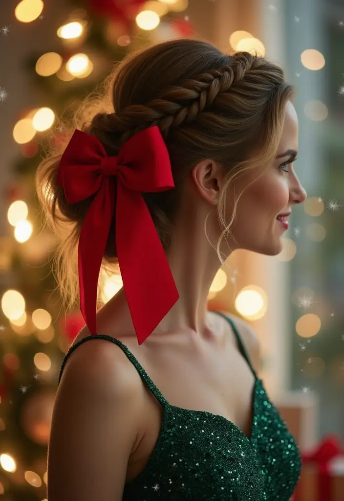 35 Hair Styles with Bow Accents to Try - 34. Festive Updo with Holiday Bow