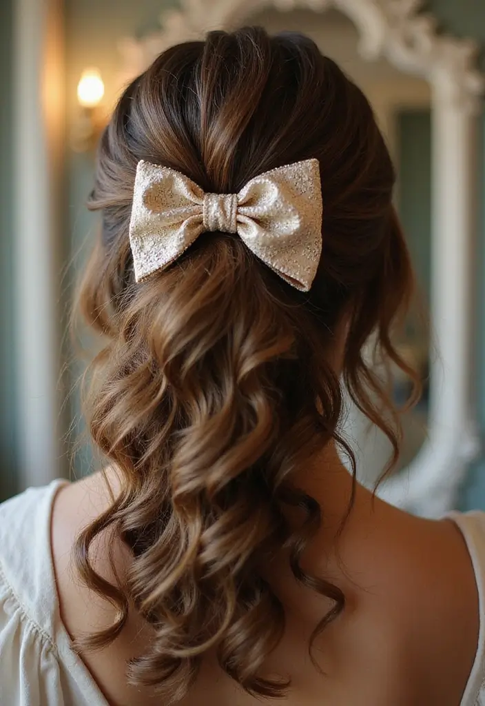 35 Hair Styles with Bow Accents to Try - 6. Vintage Waves with Bow Hairpin