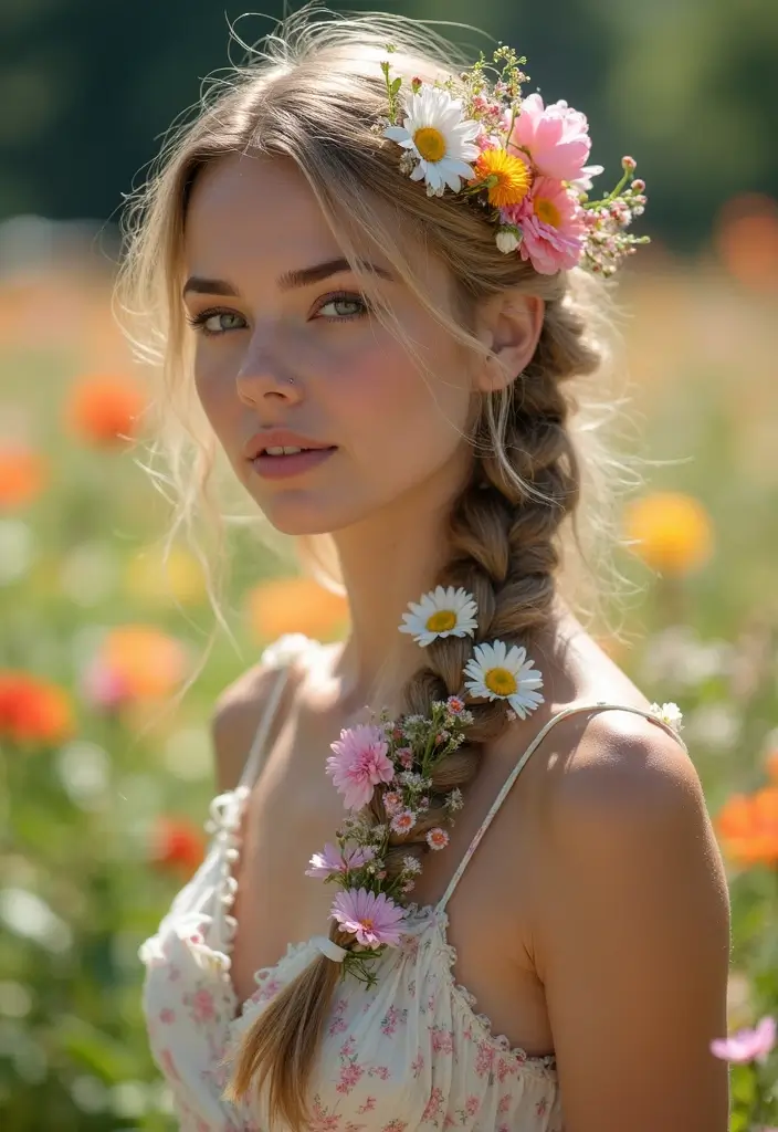35 Hair Styles with Braids That Are Stunning - 3. Side Braid with Flowers