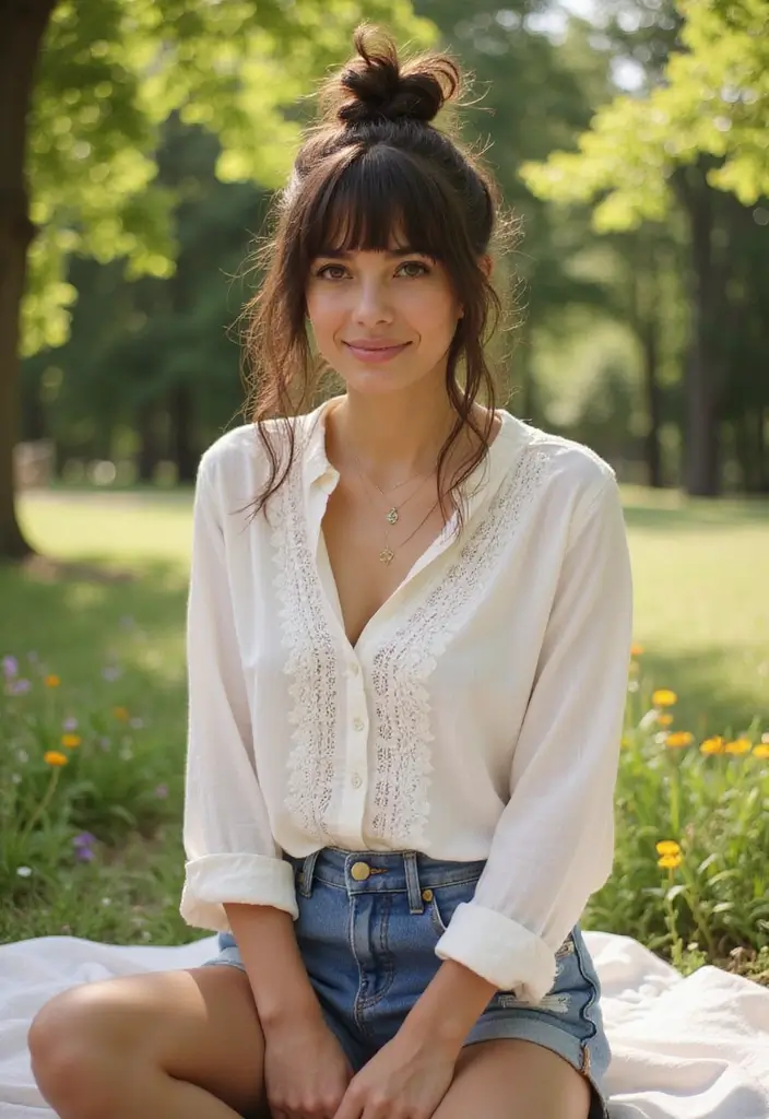 35 Haircut Ideas for Medium Hair to Try This Year - 18. Messy Bun with Bangs